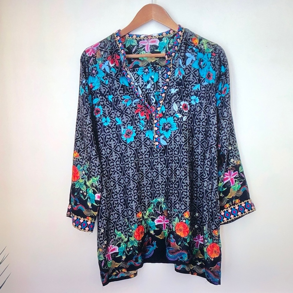 Johnny Was Black Tunic with Bright Blue and Multicolor Floral Border